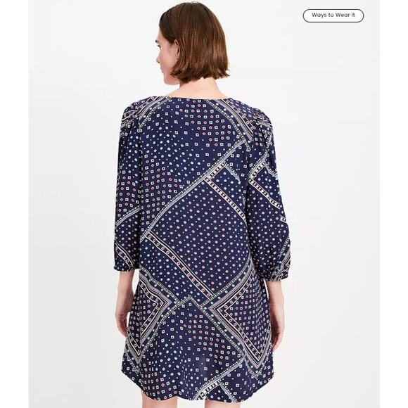 Loft SZ M Bandana Print Pleated Mini Dress Kick Flare Blouson Sleeves 763601 NWT - Picture 2 of 9